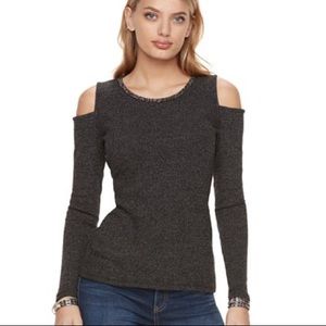Juicy Couture cold shoulder rhinestone sweater